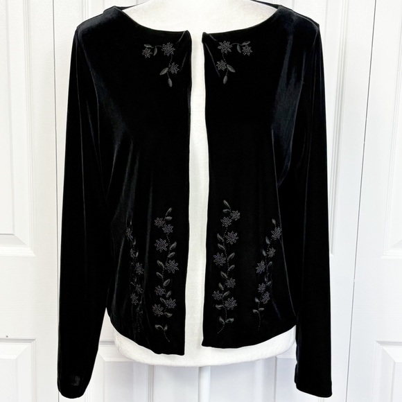 Vintage Liz Claiborne Black Velvet Floral Embroidered Open Front Jacket - Picture 1 of 15
